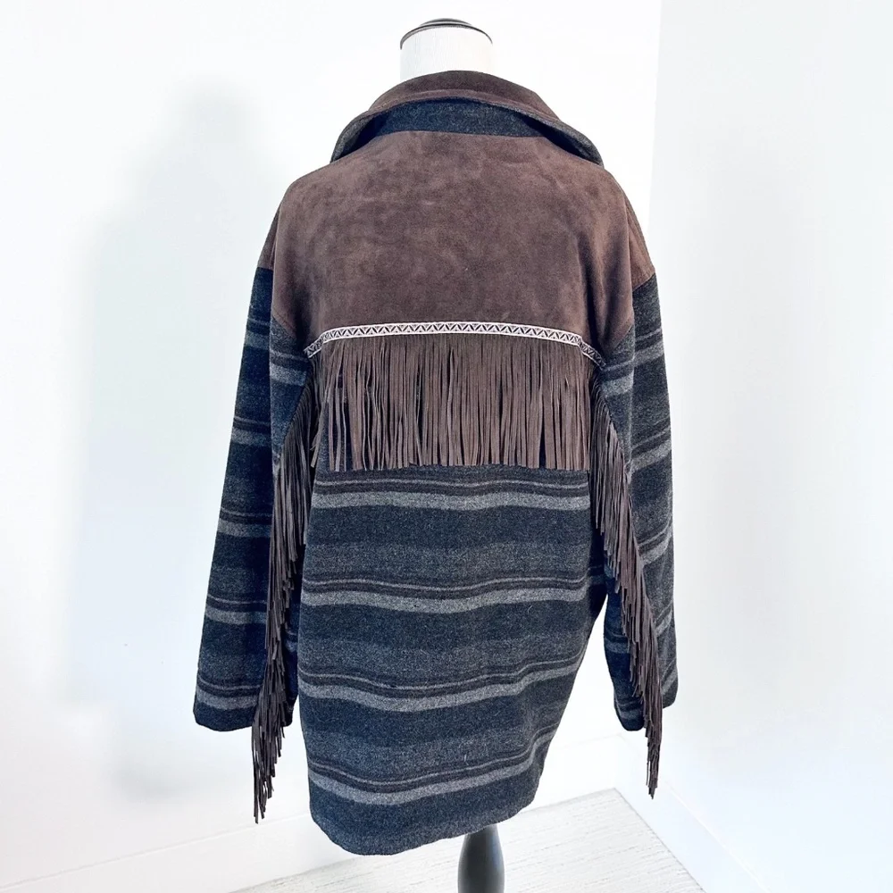 BLEU BLANC ROUGE Vintage Women L Brown/Blue Coat Fringe Suede Yellowstone Tribal